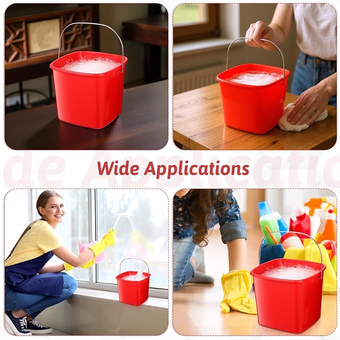 JJUNW 6 Pcs 3 Quart Cleaning Bucket, Detergent Square Bucket, Plastic Utility Cleaning Pail Stackable Cleaningpail Small Square Buckets for Restaurant Kitchen Home Offices Commercial (Red)