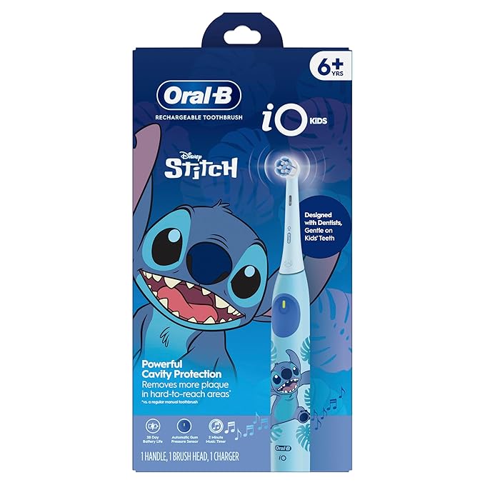 Oral-B iO Kids Rechargeable Electric Toothbrush, Stitch with 1 Brush Head - Automatic Pressure Sensor - 3 Cleaning Settings - 2 Min Music Timer - 28 Day Battery Life