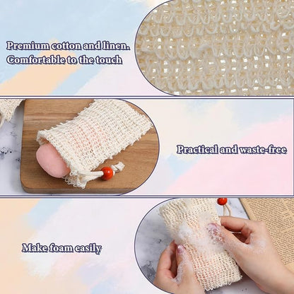 50 Pcs Soap Bags Mesh Exfoliating, Natural Sisal Soap Saver Bag Pouch, Quick-Drying Reusable Plastic-Free Mesh Net with Drawstring Bar Wooden Bead for Shower Use Like Massaging (3.5x5.5 Inch)