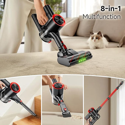 Cordless Stick Vacuum Cleaner, 40Kpa Powerful Suction Vacuum Cleaner with LED Headlight, Detachable Battery, 8-in-1 Lightweight Handheld Vacuums for Pet Hair Carpet and Hardwood Floor, Red