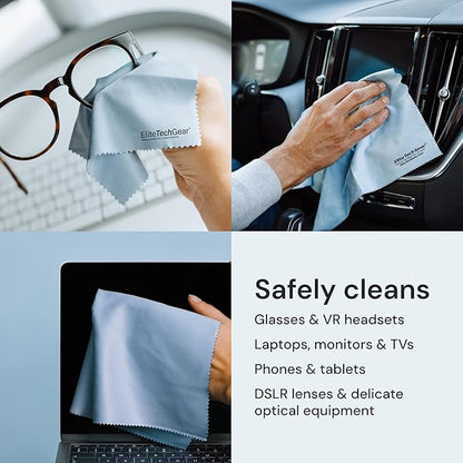 Elite Tech Gear Large Microfiber Cleaning Cloth Kit - 2-pc 12" x 12", Black Glasses Cleaning Cloth for TV Screens and Lenses - 3-pc Lens Cleaner Sprays