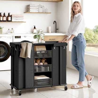 WOWLIVE Laundry Sorter 2 Section 200L Rolling Laundry Hamper with Hanging and Removable Bags Laundry Cart with Steel Frame and Storage Unit Large Basket Organizer for Dorm Room, Bathroom (Black)