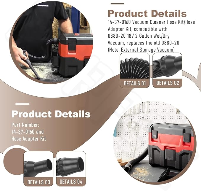 14-37-0160 Vac Hose Accessories/Hose Adapter Kit Compatible with 0880-20 18V 2 Gallon Wet/Dry Vacuum, Replace older 0880-20 (Note: Outside storage Vaccum Cleaner)