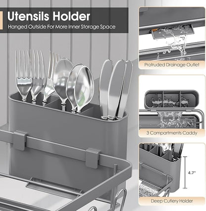 Urackify Dish Drying Rack for Kitchen Counter, Sink Dish Rack with Drainboard 12.2" W x 16.5" L, Large Dish Drainer with Cutlery Holder, Home Countertop Plate Dryer Storage Rack, Gray