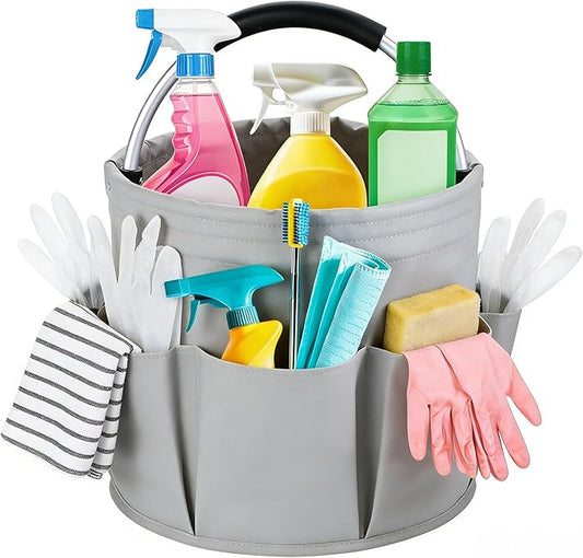 17L Foldable Cleaning Caddy with Handle - Portable Oxford Fabric Storage Bucket, Organiser for Cleaning Supplies, Toiletries, Home, Garden, Picnic & Beach (Apricot Gray)