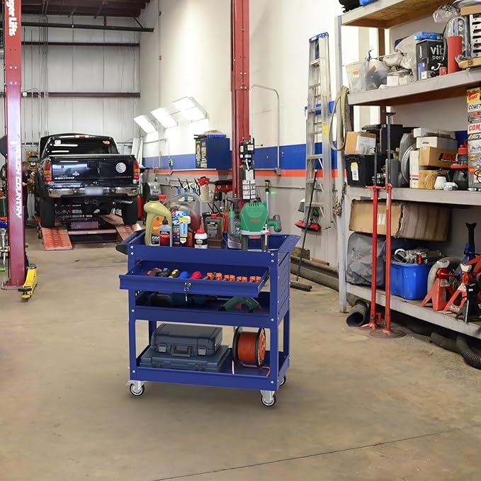3 Tray Rolling Tool Cart with Drawers, 400 LBS Capacity Mechanic Tool Cart on Wheels, Heavy Duty Utility Cart with Pegboard, Metal Work Cart for Garage and Repair Shop, Blue