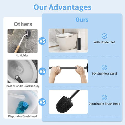 Stainless Steel Toilet Brush and Holder Set Brushed Silver Heavy Duty Toilet Bowl Brush with Long Handle for Bathroom and Farmhouse (Black)