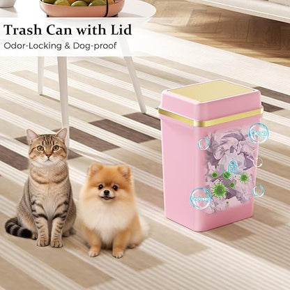 3 Pack Bathroom Trash Can with Lid 4 Gallon Small Trash Can with Press Top Lid Bathroom Garbage Can with 150 Counts Trash Bags for Kitchen Bedroom Office(White Pink Green)