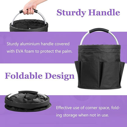 2Pack 17L Foldable Cleaning Supply Caddy with Handle, Portable Bucket Tool Organizer, Garden Tool Bag in 600D Oxford Fabric, Folding Storage Basket for Outdoor, Bathroom, Black + Dark Gray