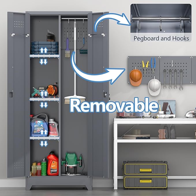Broom Closet,Broom Closet Storage Cabinets with Lock, 65" Metal Garage Organization Cabinet,Cleaning SupplyUtility Storage Cabinet with Pegboard & Shelves for Laundry Room,Workshop