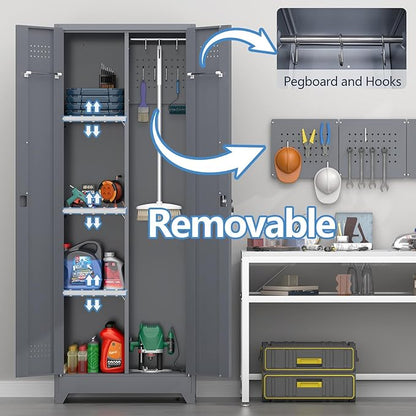 Broom Closet,Broom Closet Storage Cabinets with Lock, 65" Metal Garage Organization Cabinet,Cleaning SupplyUtility Storage Cabinet with Pegboard & Shelves for Laundry Room,Workshop