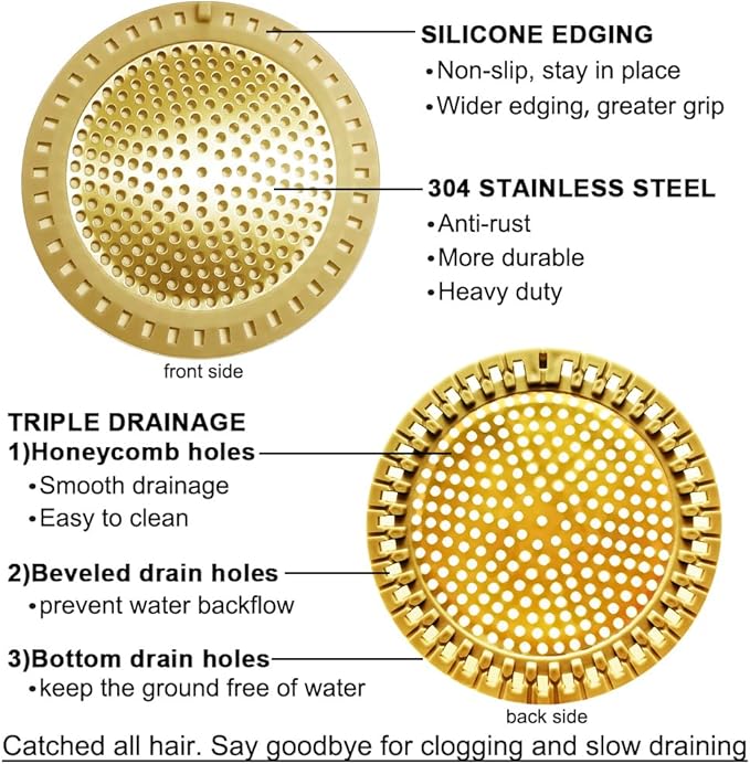 Seatery 2PCS Hair Catcher Shower Drain/Strainer/Cover/Filter/Trap, Bathtub Drain Cover Hair Catcher, Hair Stopper for Bathroom Sink/Floor Drain, Stainless Steel and Silicone Drain Strainer, Gold