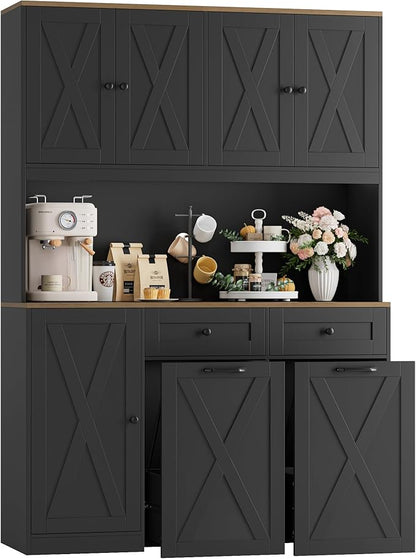 HOSTACK 71" H Kitchen Trash Can Hutch Cabinet, 12.5 Gallon Double Pull Out Garbage Can Hutch Cabinet with Trash Bin Storage Holders, 47" Wide Kitchen Pantry with Hidden Garbage Storage, Black