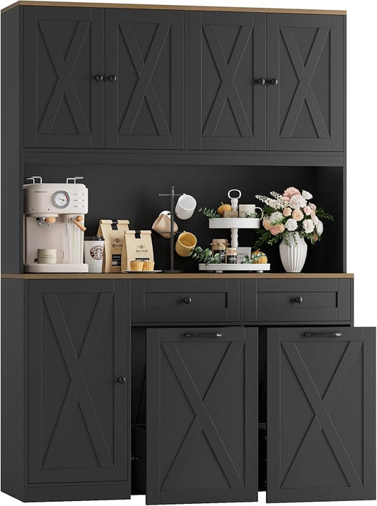 HOSTACK 71" H Kitchen Trash Can Hutch Cabinet, 12.5 Gallon Double Pull Out Garbage Can Hutch Cabinet with Trash Bin Storage Holders, 47" Wide Kitchen Pantry with Hidden Garbage Storage, Black