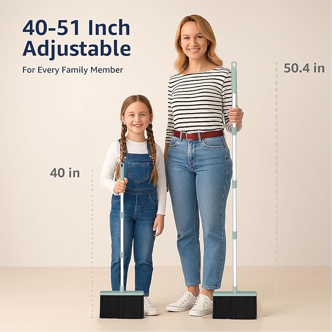 Broom and Dustpan Set, Green 52-Inch Adjustable Handle Upright Broom with Self-Cleaning Comb Teeth, Pet-Hair Friendly Sweeping for Indoor Hard Floors