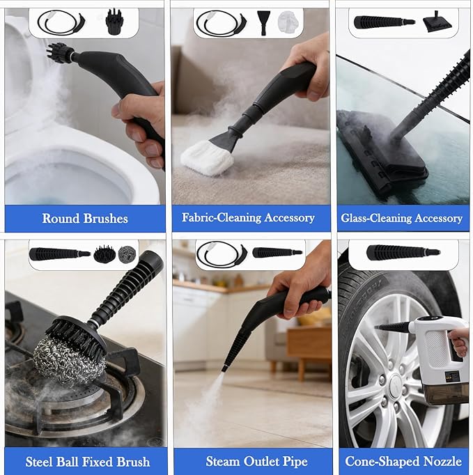 15-in-1 Pressurized Multi-Purpose Natural Handheld Steam Cleaner, 15s Instant Heat Portable Steamer with 400ml Tank, Multi-Surface Deep Cleaning for Home, Grout, Furniture, Couch, Car, Bathroom, Floor