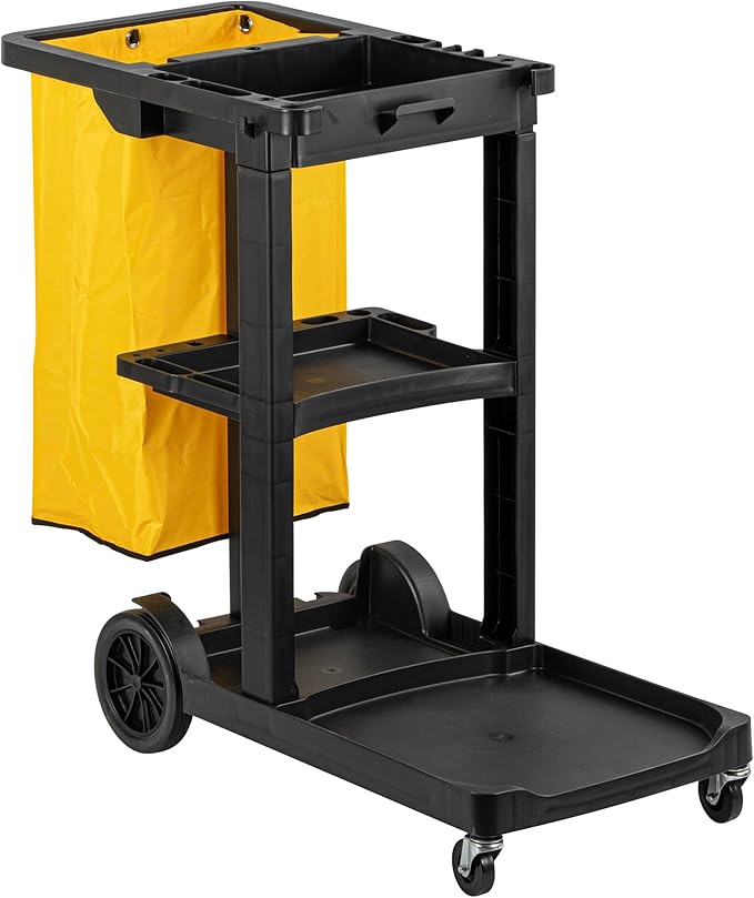Restaurantware-Clean Tek Professional Janitor Cart with Wheels, 1 Cleaning Trolley with 18 Gallon Bag - 3 Shelves, Heavy-Duty, Black Plastic Commercial Janitorial Cart, for Restaurants