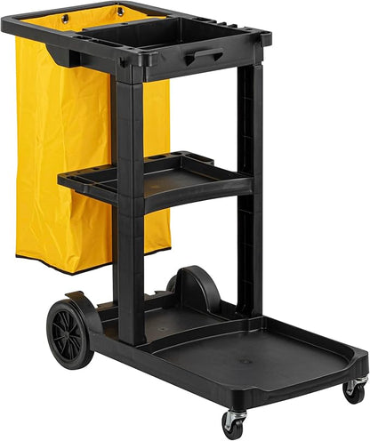 Restaurantware-Clean Tek Professional Janitor Cart with Wheels, 1 Cleaning Trolley with 18 Gallon Bag - 3 Shelves, Heavy-Duty, Black Plastic Commercial Janitorial Cart, for Restaurants