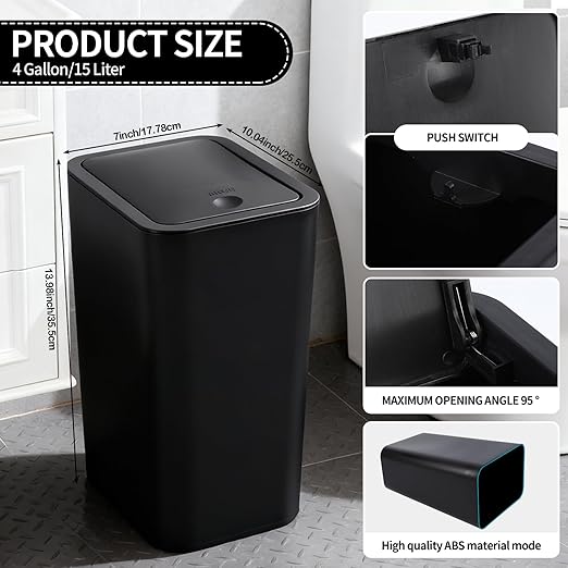 4 Gallon (15L) Slim Dog-Proof Trash Can with Press Pop-Up Lid - Odor-Blocking Small Garbage Can Includes 75 Trash Bags, Space-Saving Design for Bedroom, Kitchen, Bathroom & Office