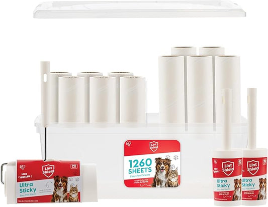 IRIS USA Extra Sticky Lint Roller, Value Pack Comes with Storage Box, Standard and T-Handle Roller, Refills, 90 Sheets/Roll, 1260 Sheets Total, Easy Tear Lint Remover for Dog Cat Pet Hair on Bed Car