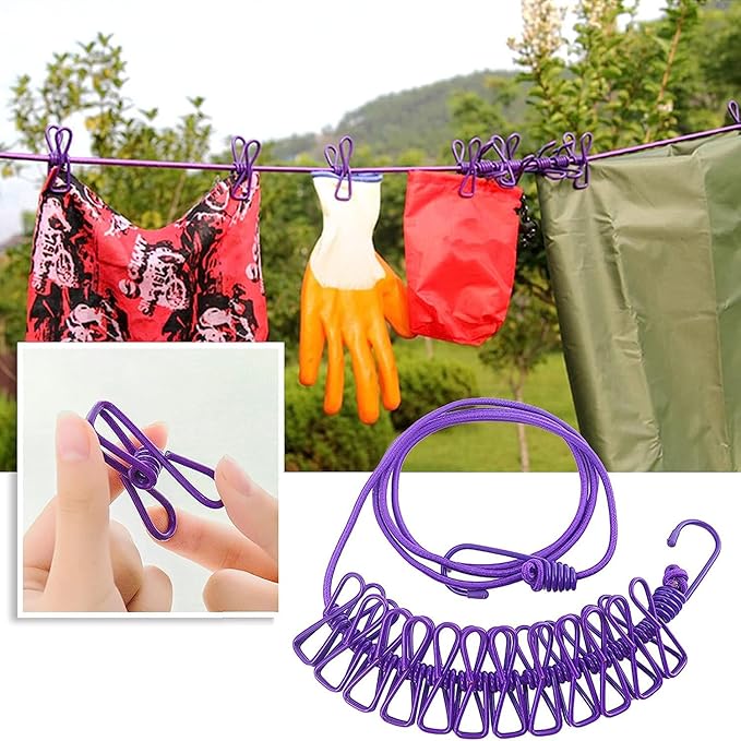 ALINNA Retractable Portable Clothesline, Travel Clothesline with 12 Clothespins for Indoor Laundry Drying, Outdoor Camping Accessories (Purple)
