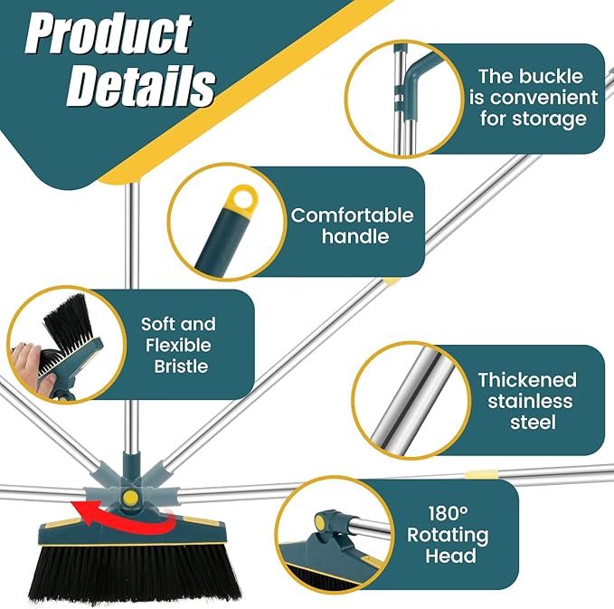 4Pcs Broom and Dustpan Set with Floor Squeegee Rectangular Brush Retractable Upright Broom Dustpan Squeegee Rectangular Brush Combo Set with Long Stainless Steel Handle for Living Room Kitchen Office
