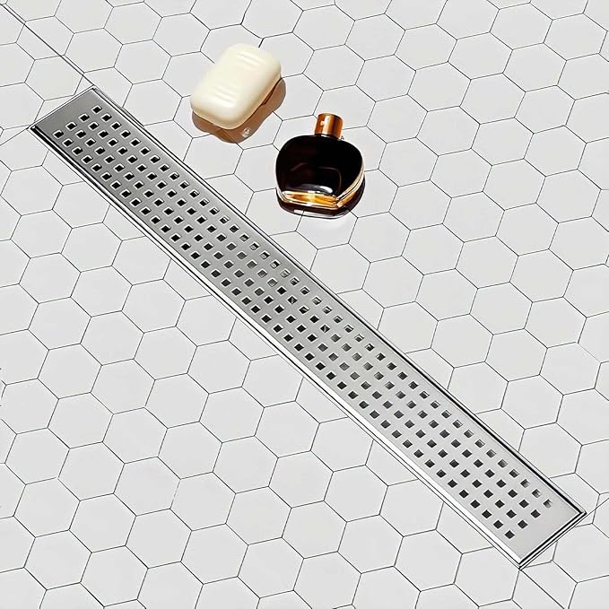 SaniteModar Linear Shower Drain,Linear Drain 28 inch with Removable Square Hole Panel, AISI304 Brushed Stainless Steel Shower Floor Linear Drain with Adjustable Feet and Hair Catcher