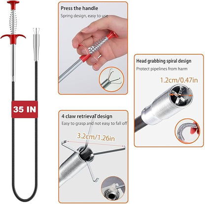 Drain Snake, Bendable Hose Stainless Steel Sewer Clog Removal Tool for Kitchens, Bathrooms, Showers and Tubs Flexible Gripping Claw Picker Tool (34 Inch)