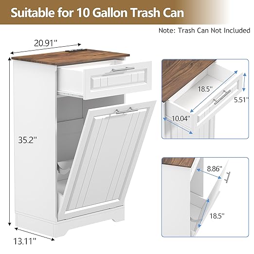 Single 10 Gallon Tilt Out Trash Can Cabinet with Deodorizing Function, Wooden Hidden Garbage Can Holder with Storage Drawers for Kitchen and Dining Room, Laundry Hamper Cabinet for Bathroom, White