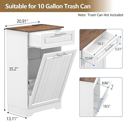 Single 10 Gallon Tilt Out Trash Can Cabinet with Deodorizing Function, Wooden Hidden Garbage Can Holder with Storage Drawers for Kitchen and Dining Room, Laundry Hamper Cabinet for Bathroom, White