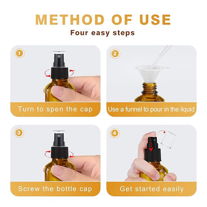 GIVAMEIHF Amber Glass Spray Bottles 4oz,Small Empty Glass Spray Bottle Fine Mist Spray Refillable Containers,Mini Travel Spray Bottles set of 4,Included 6 Sprinkler,2 Funnels,1 Droppers,8 Labels