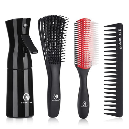 BRUSHZOO Detangler Brush with Hair Spray bottle 9 Row Brush Wide Tooth comb, Hair Brushes for Women men and Kids Curly Natural 3/4abc Hair (Red)