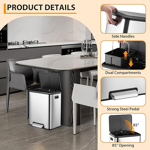 2 x 4 Gallon, Double Trash Can Kitchen for Recycling and Trash, 2 in 1 Garbage Bin, Touchless Motion, Recycle Bin Combo, Stainless Steel Dual Recycling Bins for Kitchens & Office