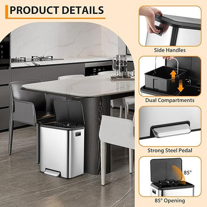 2 x 4 Gallon, Double Trash Can Kitchen for Recycling and Trash, 2 in 1 Garbage Bin, Touchless Motion, Recycle Bin Combo, Stainless Steel Dual Recycling Bins for Kitchens & Office