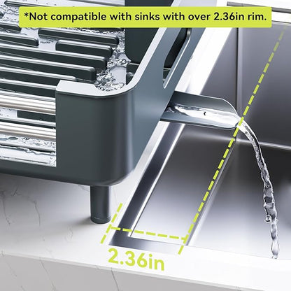 Urackify Stainless Steel Dish Drying Rack - Dish Drainer for Kitchen Counter, Extendable Drainboard with Foldable, Space-Saving Cup & Bowl Organizer, Includes Knife and Utensil Holder, Matte-Green