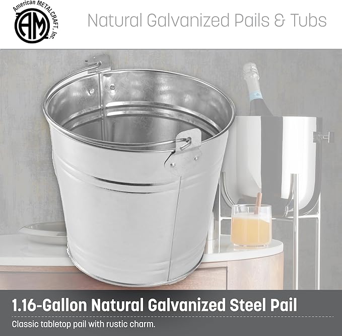 American Metalcraft PTUB87 Natural Galvanized Steel Pail with Handle - 1.16 Gallon, 8 Inch Diameter - Durable, Commercial Steel Construction - Classic Tabletop Serving Pail, Silver