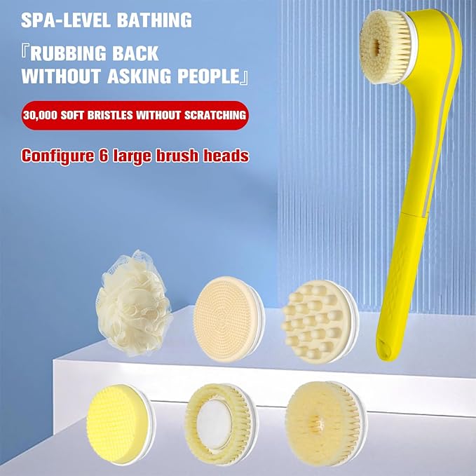 Electric Body Brush Set for Showering,Exfoliating Bath Brush Long Handle for Shower Lotion Applicator for Back Silicone Body Scrubber with 6 Shower Brush Heads for Women Men Gifts (Yellow)