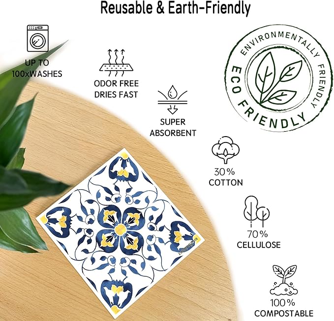 Swedish Dishcloths 6 Pack, Reusable Paper Towels Super Absorbent and Quick Drying for Kitchen, Biodegradable Washable Dish Towels Dishwasher Safe, Cleaning Cloths with WaterColor Design (Grid)