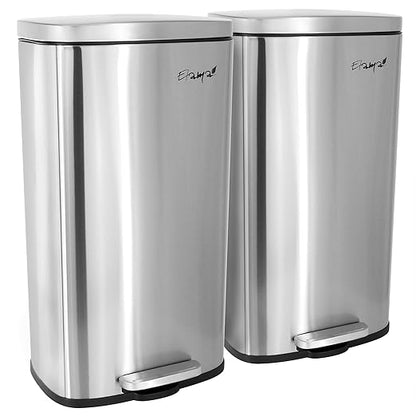 Elama 2 Piece 8 Gallon 30 Liter Rectangular Stainless Steel Twin Step Trash Bins with Slow Close Mechanism in Matte Silver