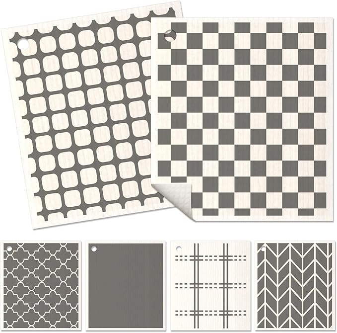 Miss Adola 6 Pack Swedish Dishcloths for Kitchen - Reusable Dish Cloths for Washing Dishes Absorbent Cute Funny Kitchen Towels Cleaning Sponge, Grey Checked