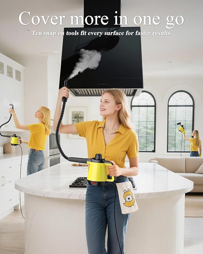 1200W Handheld Steam Cleaner for Home, Powerful Natural Multi‑Surface Steam Cleaner with 10 Accessories, 13.5oz Pressurized Steamer for Deep Cleaning Tile, Grout, Shower, Bathroom,Kitchen,Car, Yellow