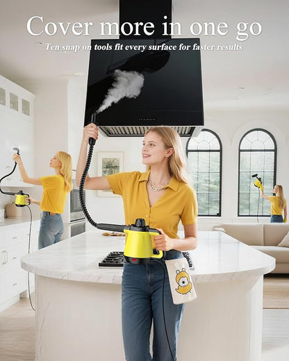 1200W Handheld Steam Cleaner for Home, Powerful Natural Multi‑Surface Steam Cleaner with 10 Accessories, 13.5oz Pressurized Steamer for Deep Cleaning Tile, Grout, Shower, Bathroom,Kitchen,Car, Yellow