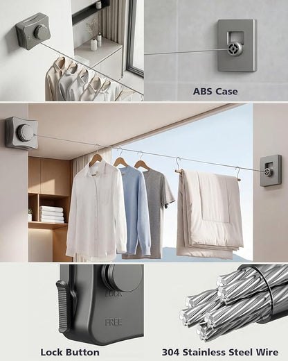 17.7 Ft Retractable Clothesline, Non-Sagging Wall Mounted Laundry Line with 10Pcs Clothespins, Heavy Duty Auto Retracted Indoor Outdoor Clothes Line for Bathroom Balcony Apartment RV Travel, 44LB MAX