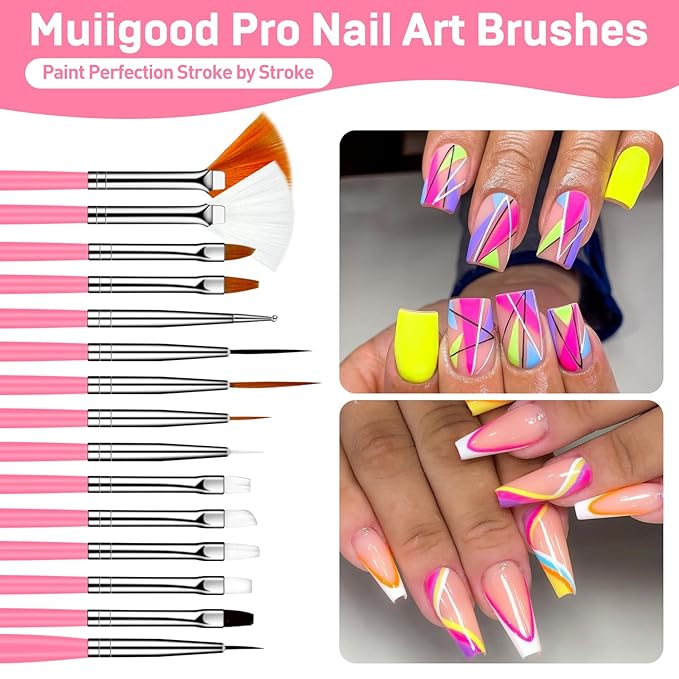 MUIIGOOD 15pcs Pink Nail Art Brushes Set Nail Pen Designer Acrylic Nail Art Gel Painting Brushes Tool Dust Brush,Striping Brushes Dotting Tools for Long Lines Fan Brush Gel Polish Nail Art Supplies