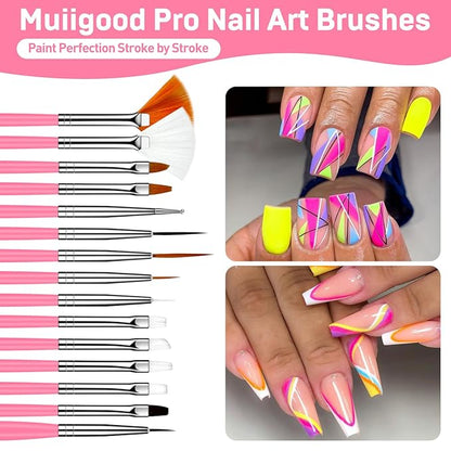 MUIIGOOD 15pcs Pink Nail Art Brushes Set Nail Pen Designer Acrylic Nail Art Gel Painting Brushes Tool Dust Brush,Striping Brushes Dotting Tools for Long Lines Fan Brush Gel Polish Nail Art Supplies