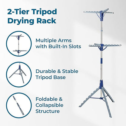 Honey-Can-Do 2-Tier 73-Inch Collapsible Tripod Drying Rack, Heavy Duty Chrome Steel Laundry Stand, Holds 30 Garments, Portable Foldable Indoor Outdoor Clothes Drying Rack