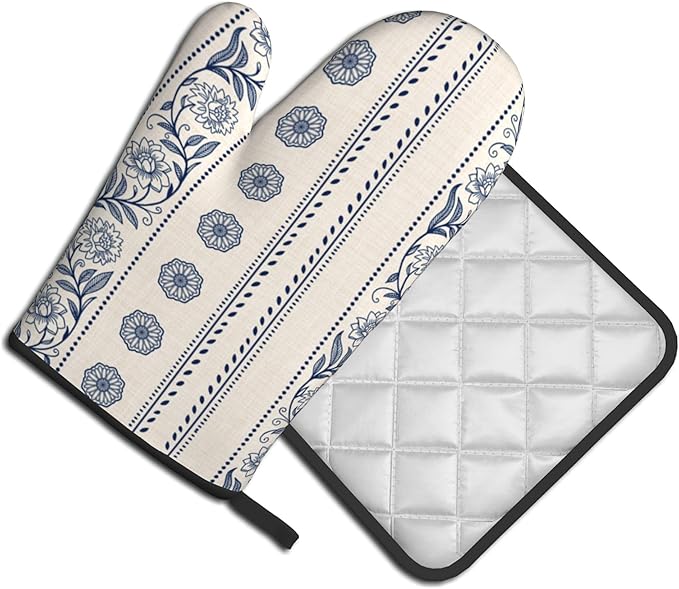 Boho Oven Mitts Set – Vintage Floral Pot Holders Kitchen Gloves for Women Bohemian Kitchen Mitts Potholders Set of 2 Durable for Cooking & Baking