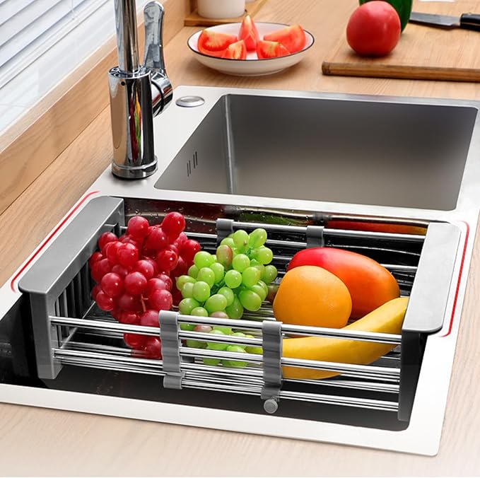 Dish Drying Rack, Adjustable Stainless Steel Drainer Basket Drain Tray for Dishes, Vegetables, and Fruit (Grey)