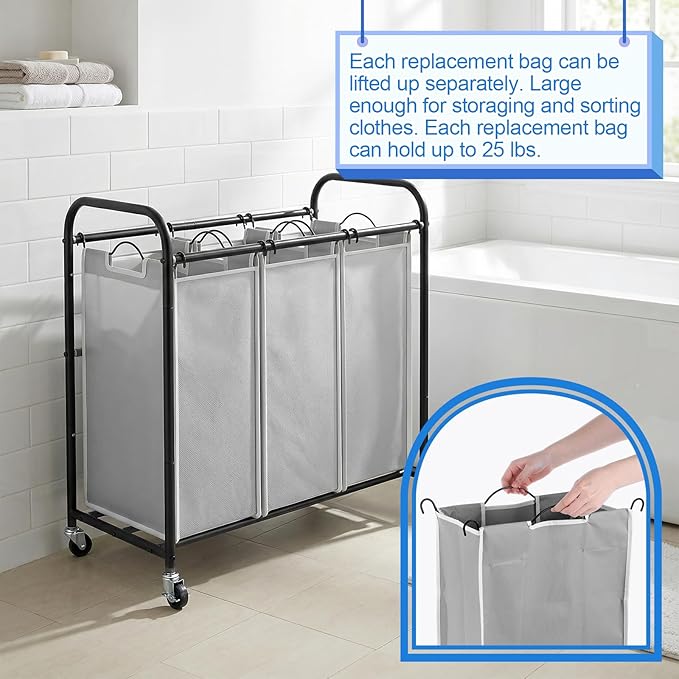 SHENLIU 3 Bag Laundry Sorter Replacement Bags, 21"H×15"L×9"W Large Gray Hamper Cart Removable Laundry Storage Organizer Bag Hamper Liner with 6Pcs Hangers and Carry Handle