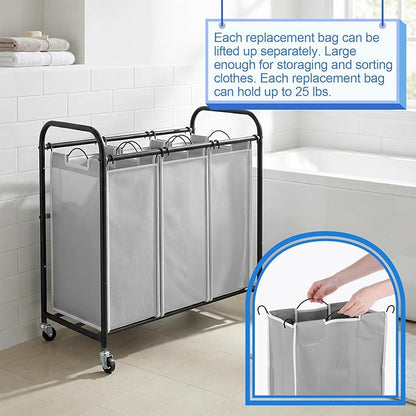 SHENLIU 3 Bag Laundry Sorter Replacement Bags, 21"H×15"L×9"W Large Gray Hamper Cart Removable Laundry Storage Organizer Bag Hamper Liner with 6Pcs Hangers and Carry Handle